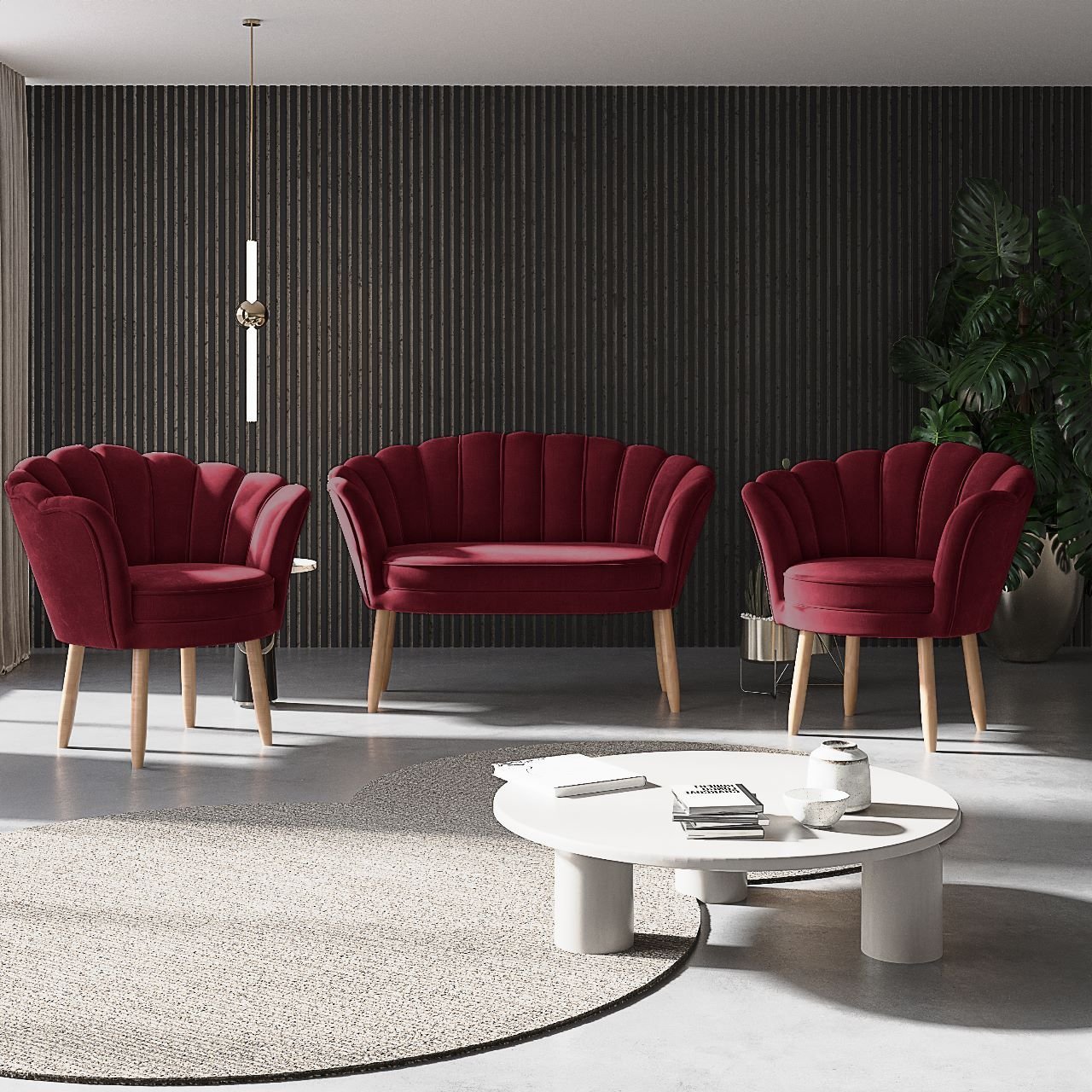 Kit 02 Poltronas Decorativas e Namoradeira Sofá Pétala Luxo Veludo Marsala Pés Palito - Visan Estofa