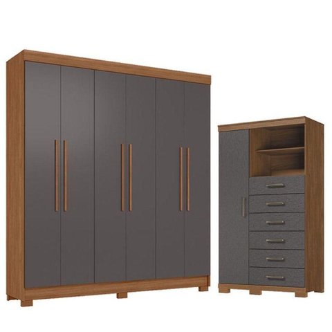 Guarda Roupa Casal Toledo 6 Portas de Bater 6 Gavetas MDP com Cômoda Marabá Jatobá Grafite Santos