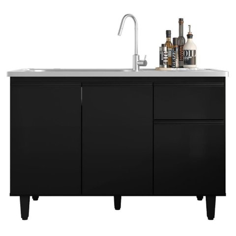 Balcão para Pia Canadá 3 Portas 1 Gaveta MDP e MDF 118cm Preto Milani Movelaria