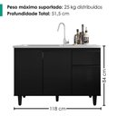 Ver imagem 3 de Balcão para Pia Canadá 3 Portas 1 Gaveta MDP e MDF 118cm Preto Milani Movelaria