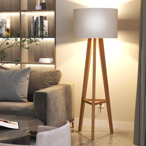 Luminária de Chão Tripé Celta com Cúpula Abajur Off White/nature