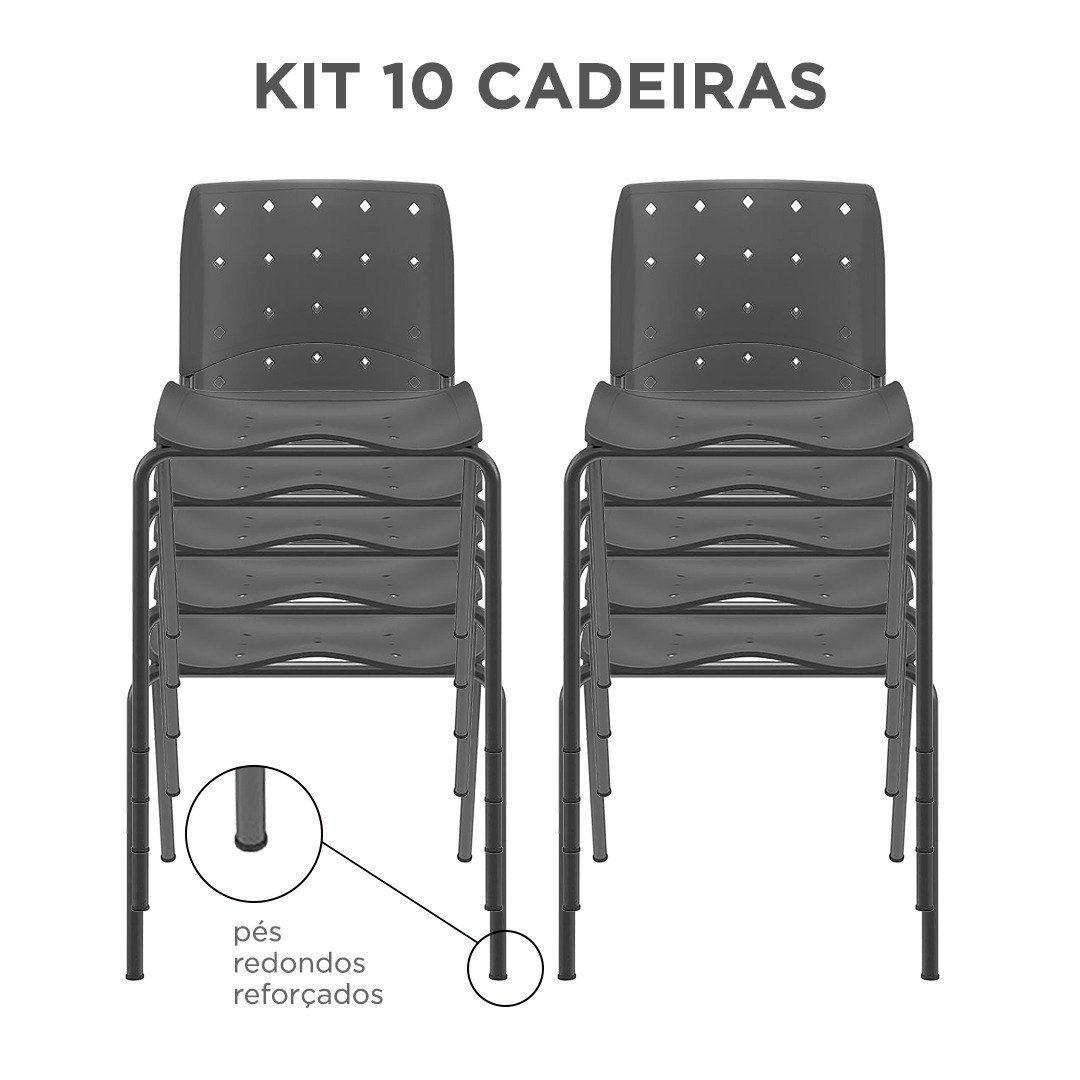 Kit 10 Cadeiras Fixas Ergoplax Secretária 4 Pés Slim Preta Plaxmetal