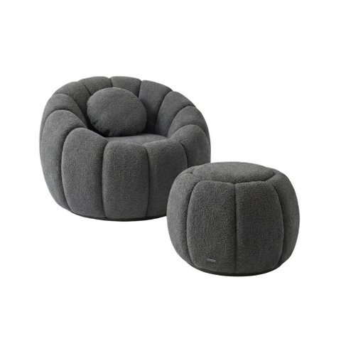 Kit Poltrona Decorativa Concha C/Almofada e Puff Boucle Cinza Escuro Abobora  - Montanaris Decor