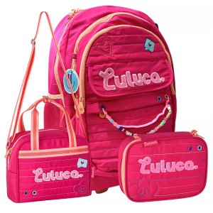 Kit Mochila Escolar de Rodinhas Luluca com Lancheira e Estojo Rosa