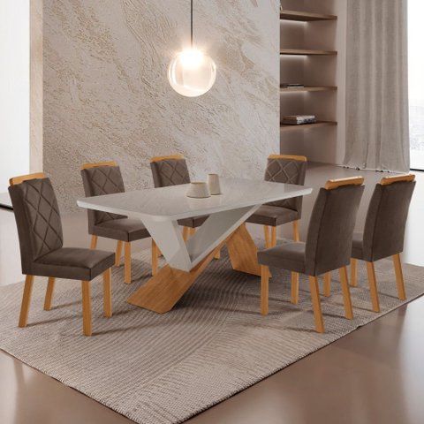 Mesa de Jantar Yasmin 180cm Tampo Mdf com Vidro Canto Copo e 6 Cadeiras Melissa