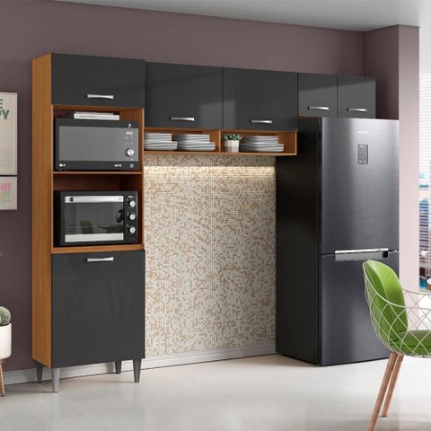 Cozinha Compacta Atenas com 6 Portas e 4 Nichos Cinamomo Grafite Aramóveis