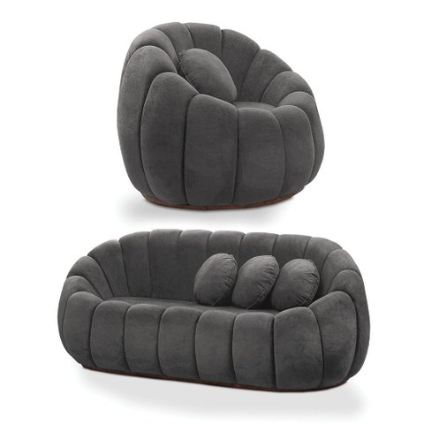Sofá 2 Lugares com Poltrona Giratória Orgânica Cloud Bouclê Cinza Escuro E03 - D’Rossi