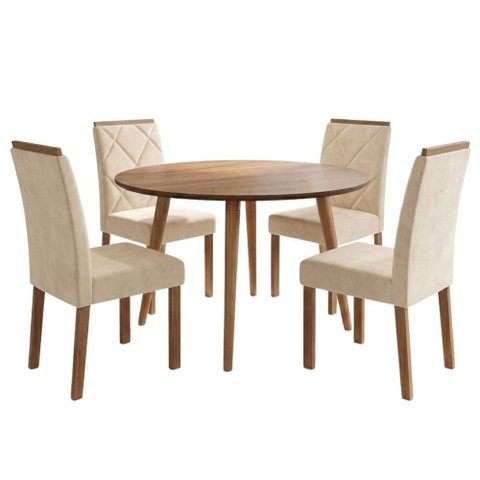 Mesa de Jantar Redonda Dani Mdf com 4 Cadeiras Estofadas Suede Cinamomo Nude Molci