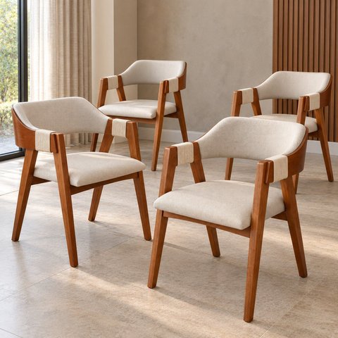 Kit 4 Poltronas Lux Tecido Linho Marfim Elegante Encosto em Madeira Tauari Trabalho Manual com Corda