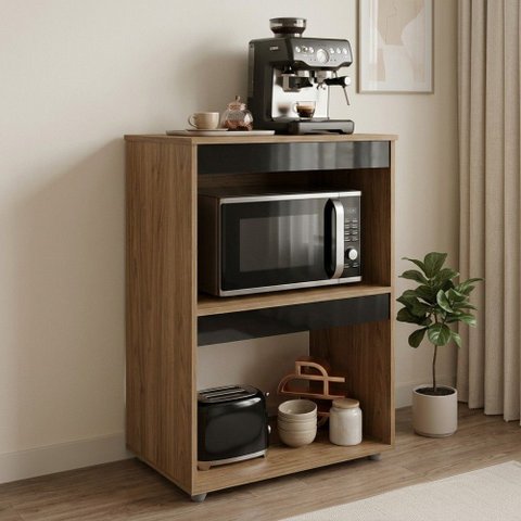 Armário Multiuso Ariana para Micro-Ondas e Cooktop Cozinha Pequena Amêndoa Preto - Desk Design