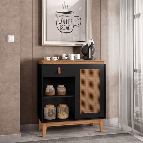 Aparador Café Rubi 1 Gaveta 1 Porta com Vidro 80cm Pés em Madeira Maciça