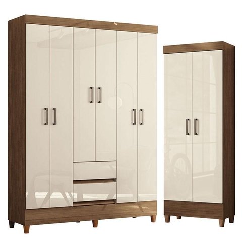 Guarda Roupa Casal 6 Portas com Pés Fit e Armário Multiuso Fit Jequitibá Off White Acetinado - Santo