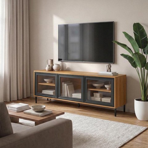 Rack para TV até 55'' 136cm 3 Portas Vidro Pés Metálicos Mel/Preto BR149