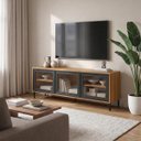 Ver imagem 1 de Rack para TV até 55'' 136cm 3 Portas Vidro Pés Metálicos Mel/Preto BR149