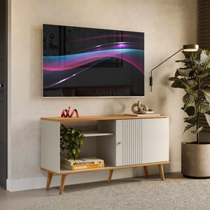 Rack Para TV Até 50 Polegadas Porta De Correr Nature Off White Rubi Linea Brasil