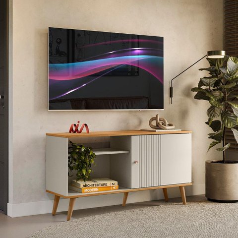 Rack Para TV Até 50 Polegadas Porta De Correr Nature Off White Rubi Linea Brasil