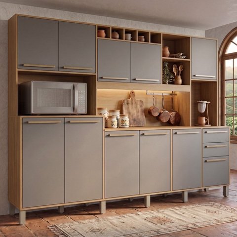 Armário de Cozinha 11 Portas 2 Gavetas 218cm com Nichos