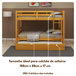 Beliche Solteiro com Cama Auxiliar de Madeira Maciça Mel com Grade de Proteção e Escada - 8