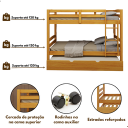 Beliche Solteiro com Cama Auxiliar de Madeira Maciça Mel com Grade de Proteção e Escada - 7