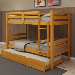 Beliche Solteiro com Cama Auxiliar de Madeira Maciça Mel com Grade de Proteção e Escada - 1