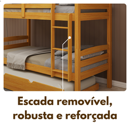Beliche Solteiro com Cama Auxiliar de Madeira Maciça Mel com Grade de Proteção e Escada - 4