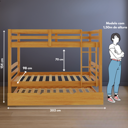 Beliche Solteiro com Cama Auxiliar de Madeira Maciça Mel com Grade de Proteção e Escada - 6