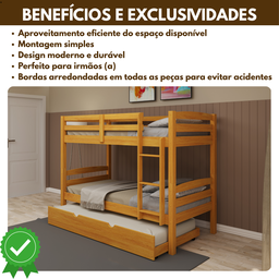Beliche Solteiro com Cama Auxiliar de Madeira Maciça Mel com Grade de Proteção e Escada - 3