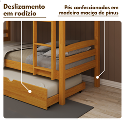 Beliche Solteiro com Cama Auxiliar de Madeira Maciça Mel com Grade de Proteção e Escada - 5