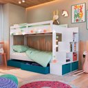 Ver imagem 2 de Beliche Infantil com Escada Estante e 2 Gavetões 143 Cm Cor:branco com Azul Secreto