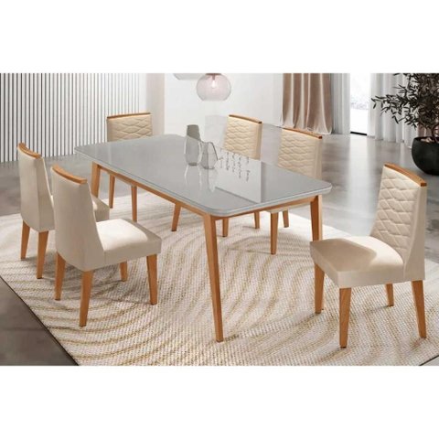 Conjunto: Mesa Sala Jantar Havana Curvo 180cm + 6 Cadeiras Maldivas Naturale/off White - Suede Creme