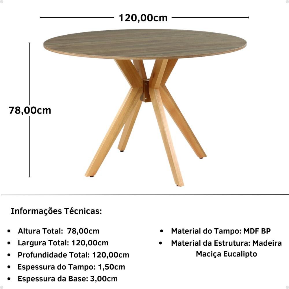 Mesa de Jantar Redonda 120cm Marci em Madeira Maciça e MDF - Natural - 3