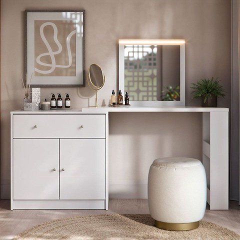 Escrivaninha Penteadeira com LED em L ou Reta Aura 160cm Branco Fosco