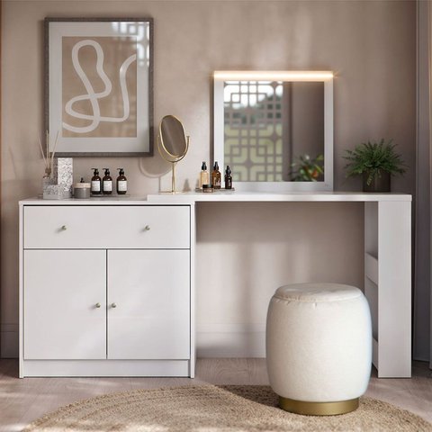 Escrivaninha Penteadeira com LED em L ou Reta Aura 160cm Branco Fosco