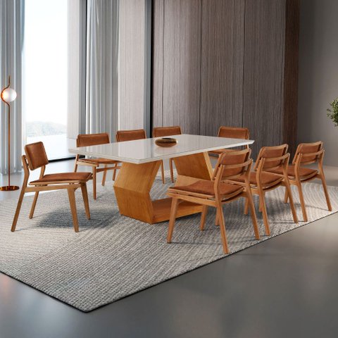 Sala de Jantar Mesa Ane 220cm Tampo Laqueado com Vidro Canto Moeda e 8 Cadeiras Eva
