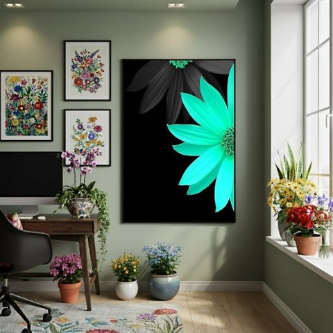 Quadro Decorativo Flor Verde Artificial 70x50cm Mold Preta