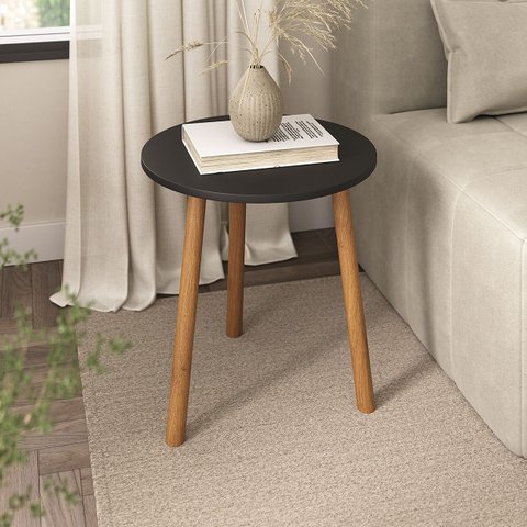 Mesa de Canto Redonda Apoio Pes Palito Sala Luxo - Preto