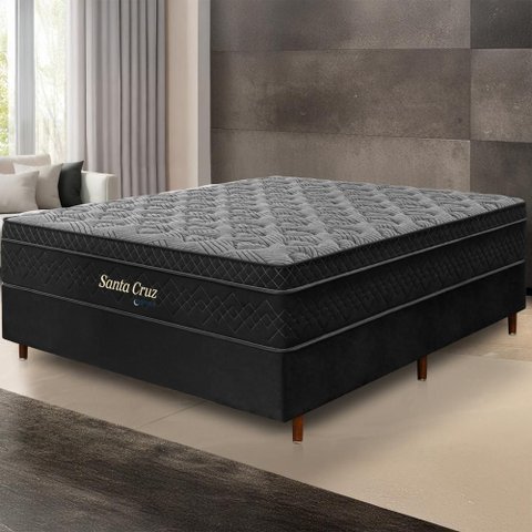 Cama Box Preta + Colchão Casal Santa Cruz Preto Molas Ensacadas Euro Pillow 138x188x72cm