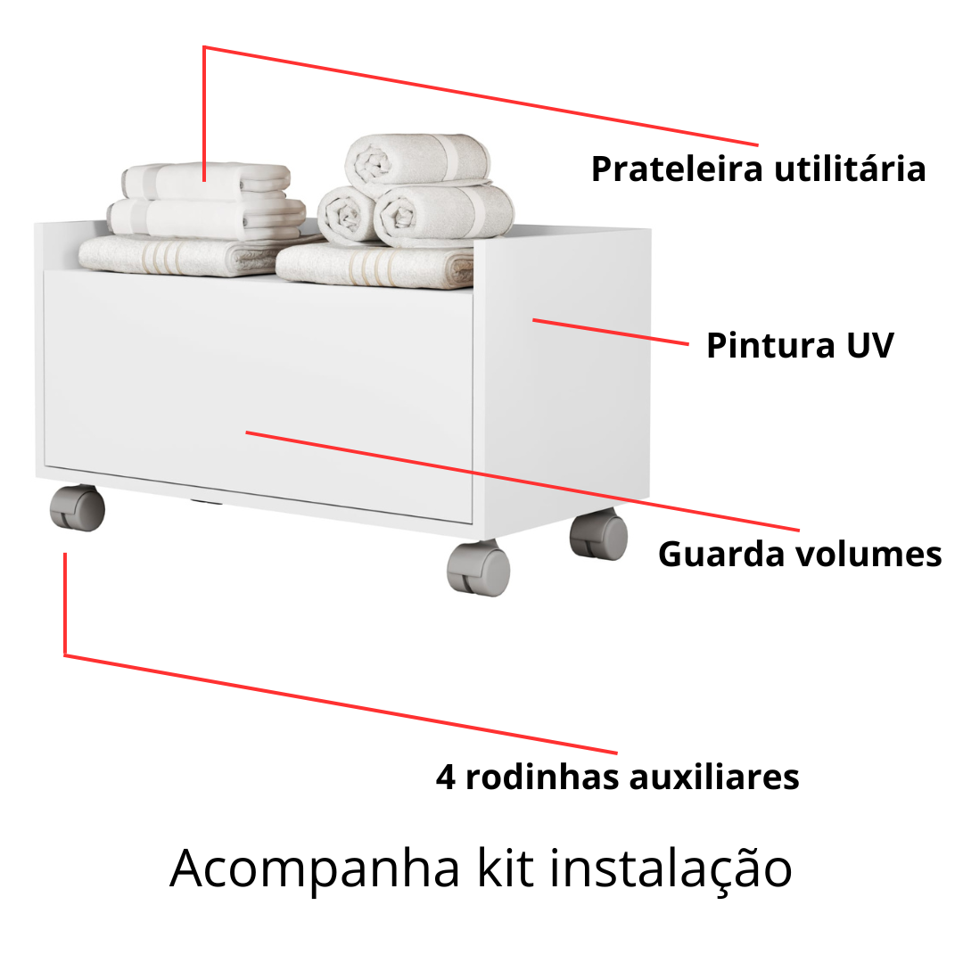 Armário de Banheiro com Rodinhas Branco Brilho Multiuso - 2