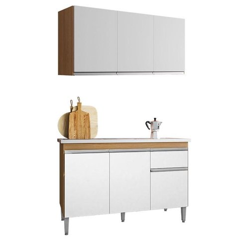 Balcão de Pia Tatiane 120cm e Armário Aéreo Andréia 3 Portas Amêndoa Branco - Ajl