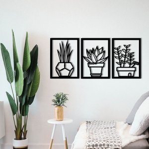 Trio De Quadros Decorativos Em Mdf 6mm Cactos E Suculentas