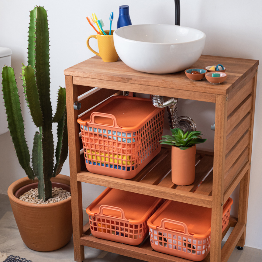 Ver imagem 5 de CESTO TELADO COM TAMPA E ALCAS DE PLASTICO:Terracota