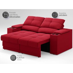 Sofá com Porta Copos e Carregador USB Retrátil e Reclinável Ringo 1,70m Velosuede Vermelho - - 4