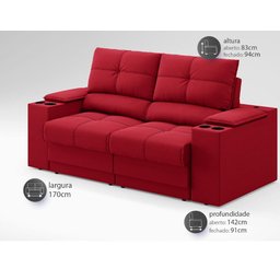 Sofá com Porta Copos e Carregador USB Retrátil e Reclinável Ringo 1,70m Velosuede Vermelho - - 2