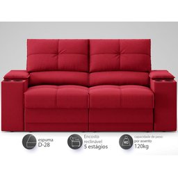 Sofá com Porta Copos e Carregador USB Retrátil e Reclinável Ringo 1,70m Velosuede Vermelho - - 3