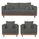Ver imagem 1 de Kit 2 Poltronas Living + Sofá 3 Lugares Base Madeira Suede Cinza