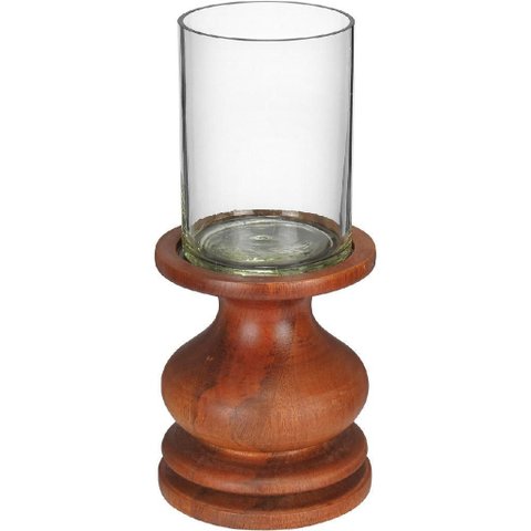 Castiçal Decorativo de Madeira / Vidro Marrom 25x10x10cm Porta Vela Mesa Jantar