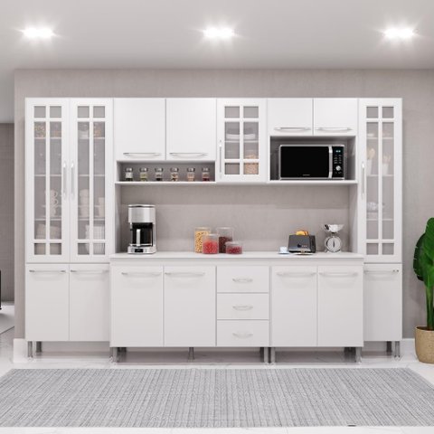 Cozinha Modulada Completa Fidelitá Viena 6 Peças 295cm 15 Portas 3 Gavetas com Tampo Branco
