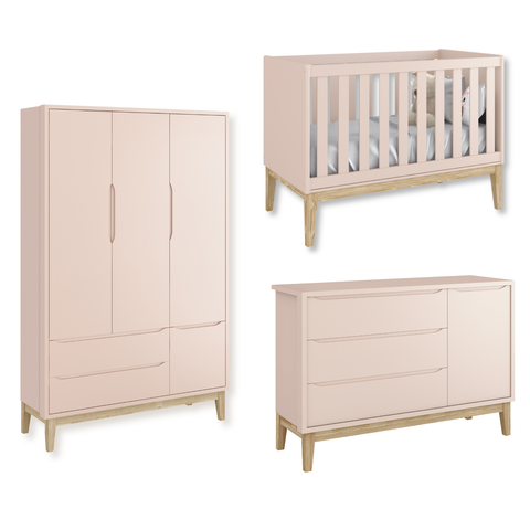 Quarto de Bebê Berço + Cômoda Sapateira + Guarda Roupa 3 Portas Rosa Classic Madeira Natural