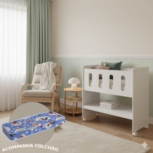 Mini Berço Moisés Zain Branco Fosco 3 em 1 com Colchão Vira Trocador ou Escrivaninha Quarto de Bebê