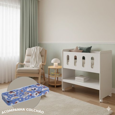 Mini Berço Moisés Zain Branco Fosco 3 em 1 com Colchão Vira Trocador ou Escrivaninha Quarto de Bebê